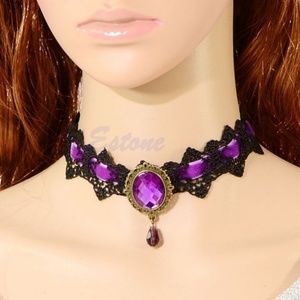 Womans Retro PURPLE Collar Lace Choker Bead Penda